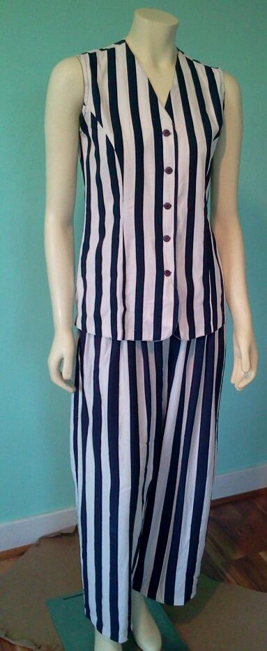 Vintage 1990's Funky Navy and White Palazzo Vertical Strip Pant Suit by String bean/Wrapper USA
