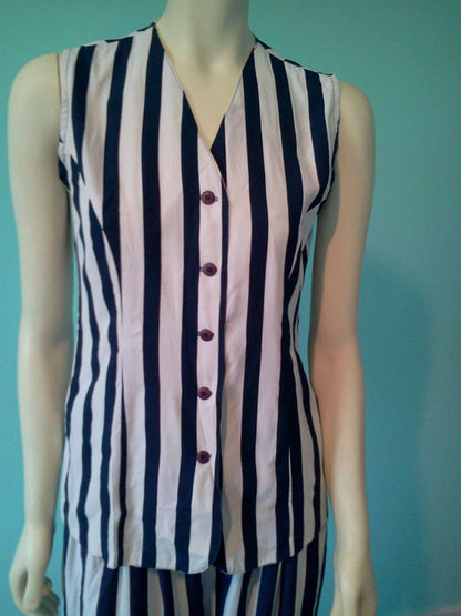 Vintage 1990's Funky Navy and White Palazzo Vertical Strip Pant Suit by String bean/Wrapper USA