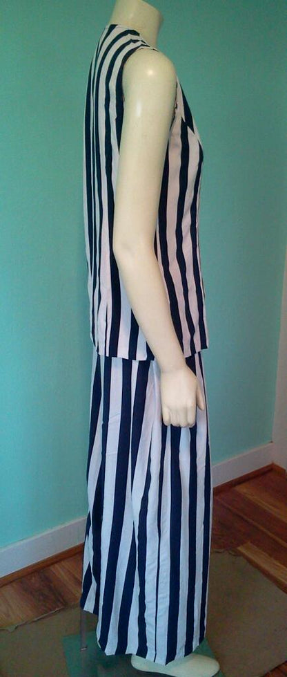 Vintage 1990's Funky Navy and White Palazzo Vertical Strip Pant Suit by String bean/Wrapper USA