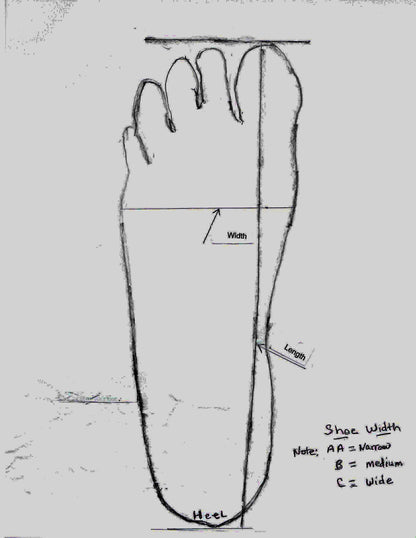 Diagram of a foot with measurements for shoe width, and  length, on a white background.