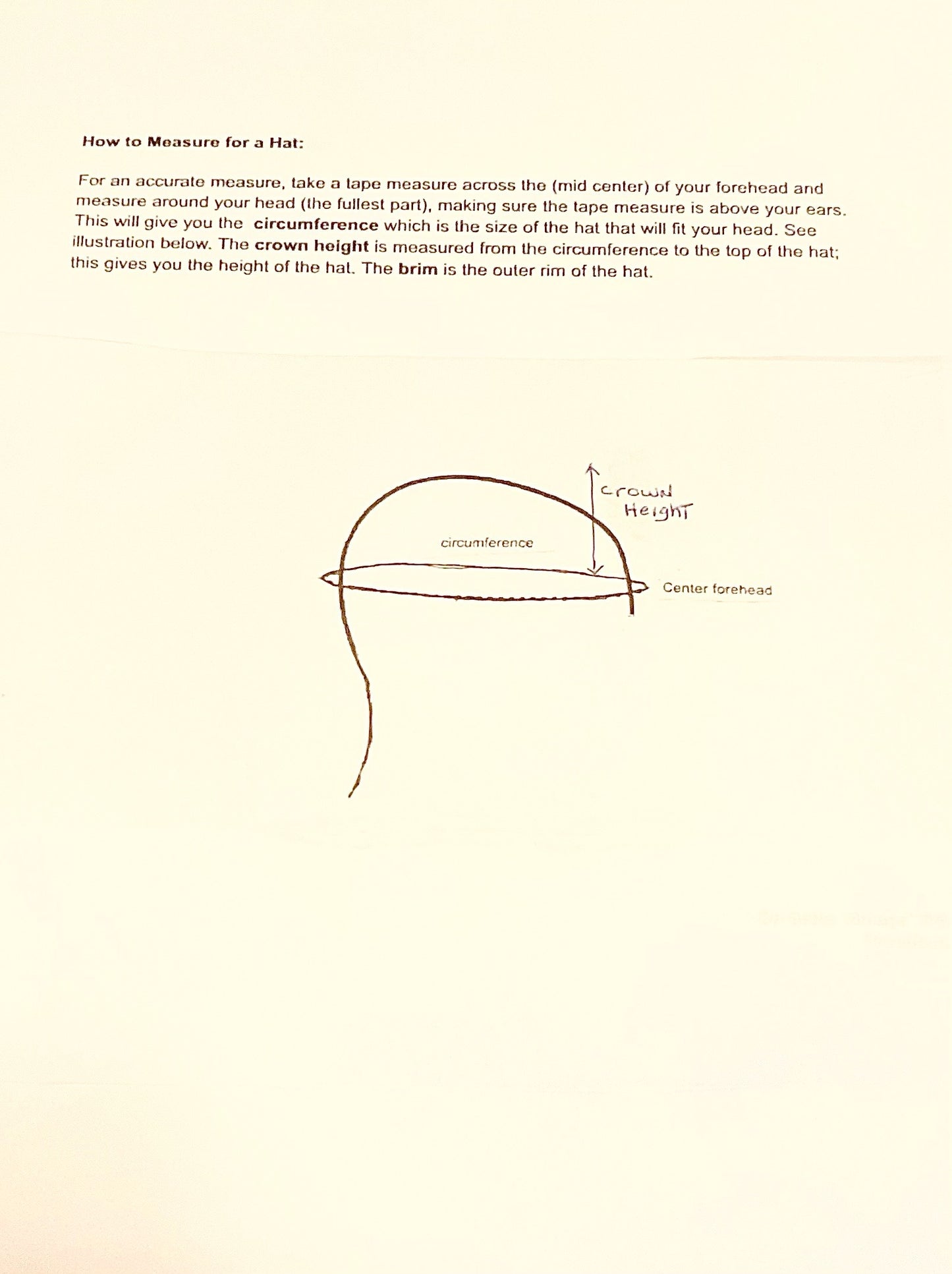 Instructions on how to measure for a hat with a diagram on a beige background