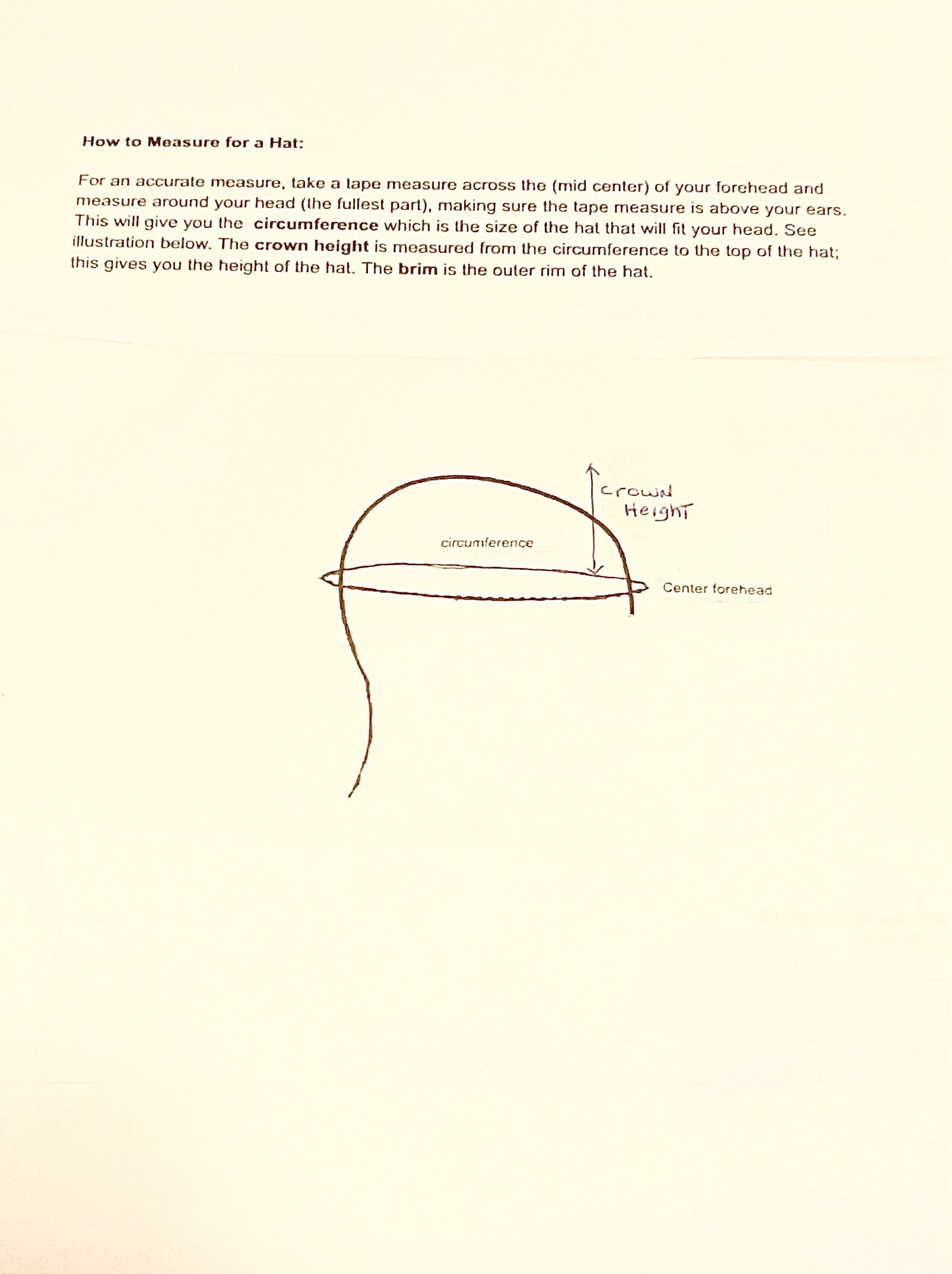 Instructions on how to measure for a hat with a diagram on a beige background