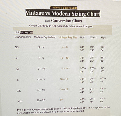A size conversion chart titled 'Vintage vs Modern Sizing Chart' with a size table comparing standard, modern, vintage tag, bust, waist, and hip measurements from XS to 1XL.