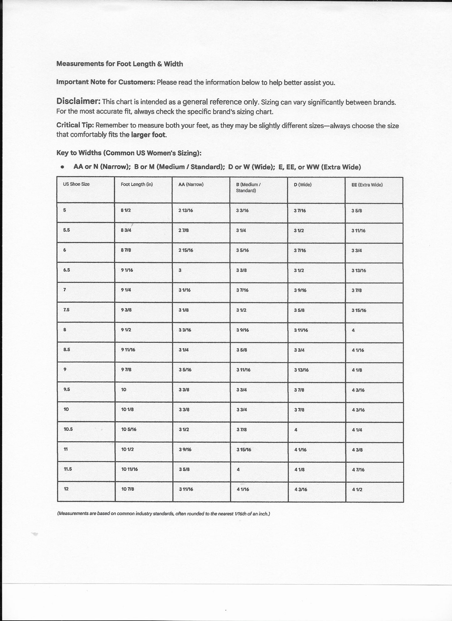 Measurements for foot Length and Width Sizes 5 - 12, including half sizes