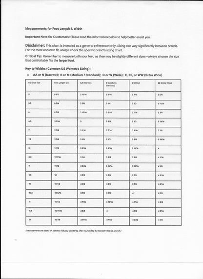 Measurements for foot Length and Width Sizes 5 - 12, including half sizes