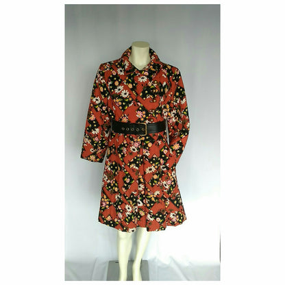 Vintage 1960s Red Floral Patchwork Chevron Belted Swing Coat
