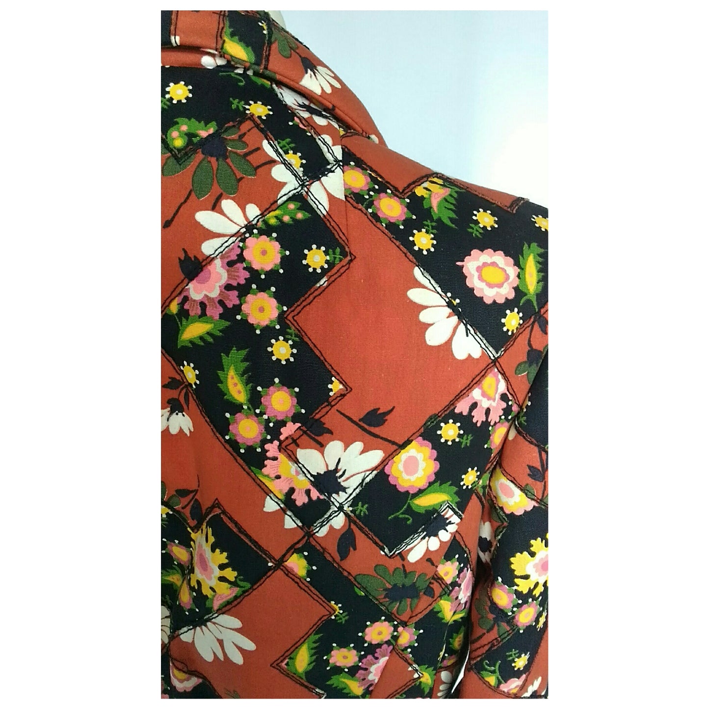 Vintage 1960s Red Floral Patchwork Chevron Belted Swing Coat