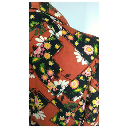 Vintage 1960s Red Floral Patchwork Chevron Belted Swing Coat