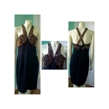 Vintage 1980's Lillie Rubin Couture Black Sequins & Copper Bead Dress