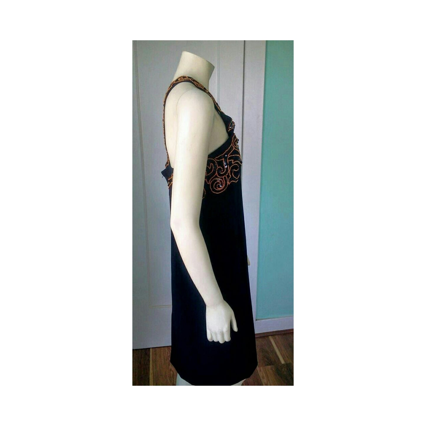 Vintage 1980's Lillie Rubin Couture Black Sequins & Copper Bead Dress