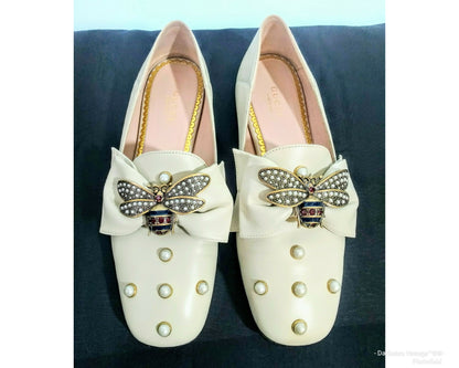 Authenticated Gucci Ballet Cream Leather Flats