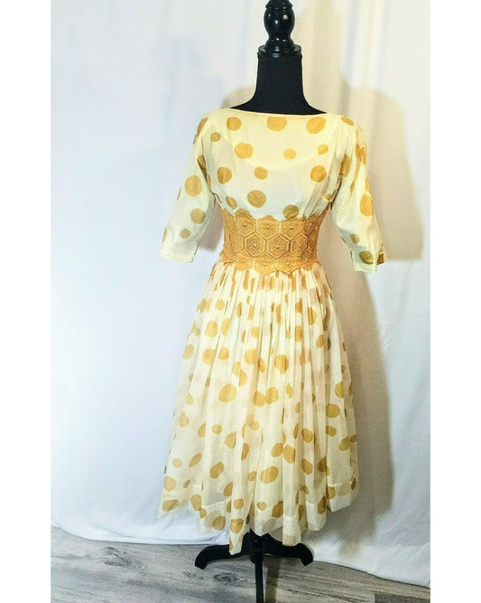 Vintage 1950s / 1960s Chiffon Polka Dot Dress--Union made