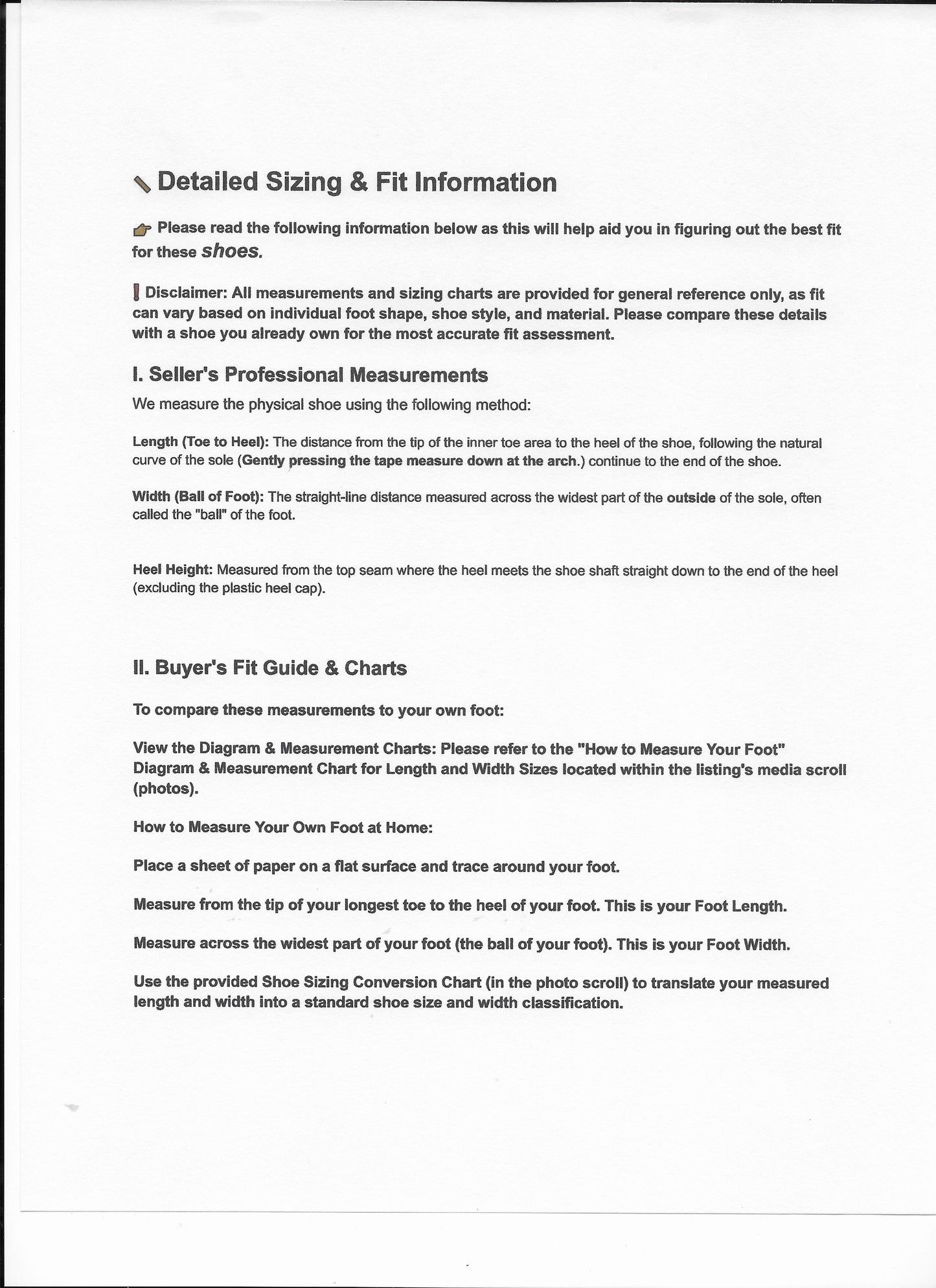 Detailed sizing and fit information document on a white background