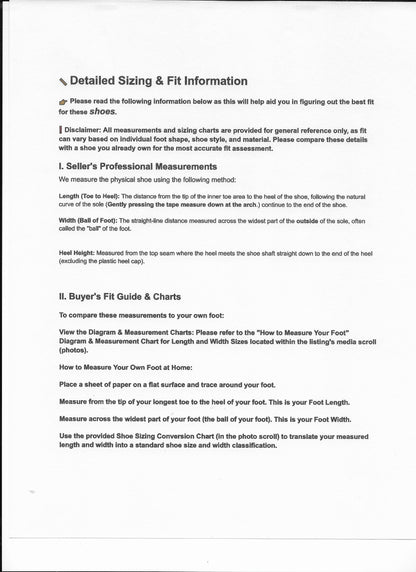 Detailed sizing and fit information document on a white background