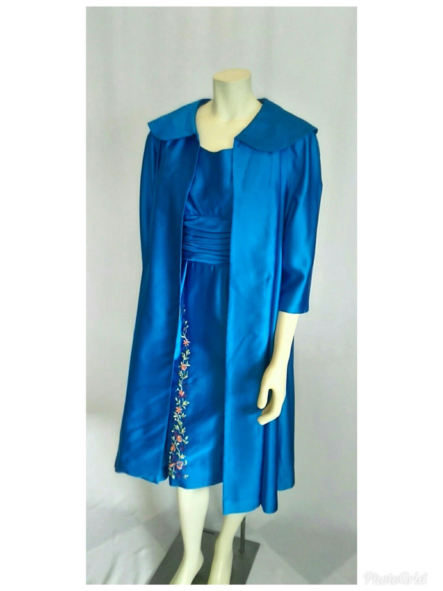 Vintage 1950's Royal Blue Satin Dress and Coat Ensemble