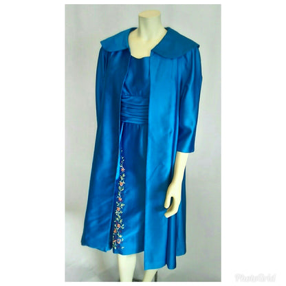 Vintage 1950's Royal Blue Satin Dress and Coat Ensemble