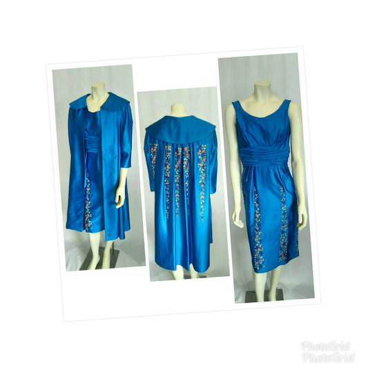 Vintage 1950's Royal Blue Satin Dress and Coat Ensemble