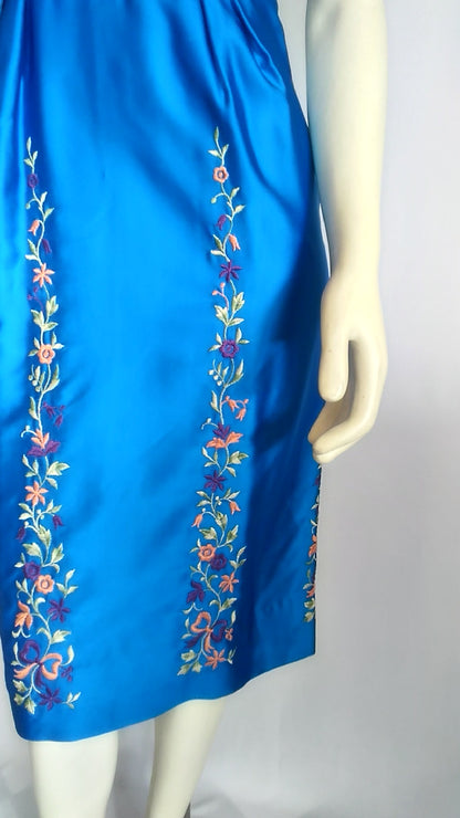 Vintage 1950's Royal Blue Satin Dress and Coat Ensemble