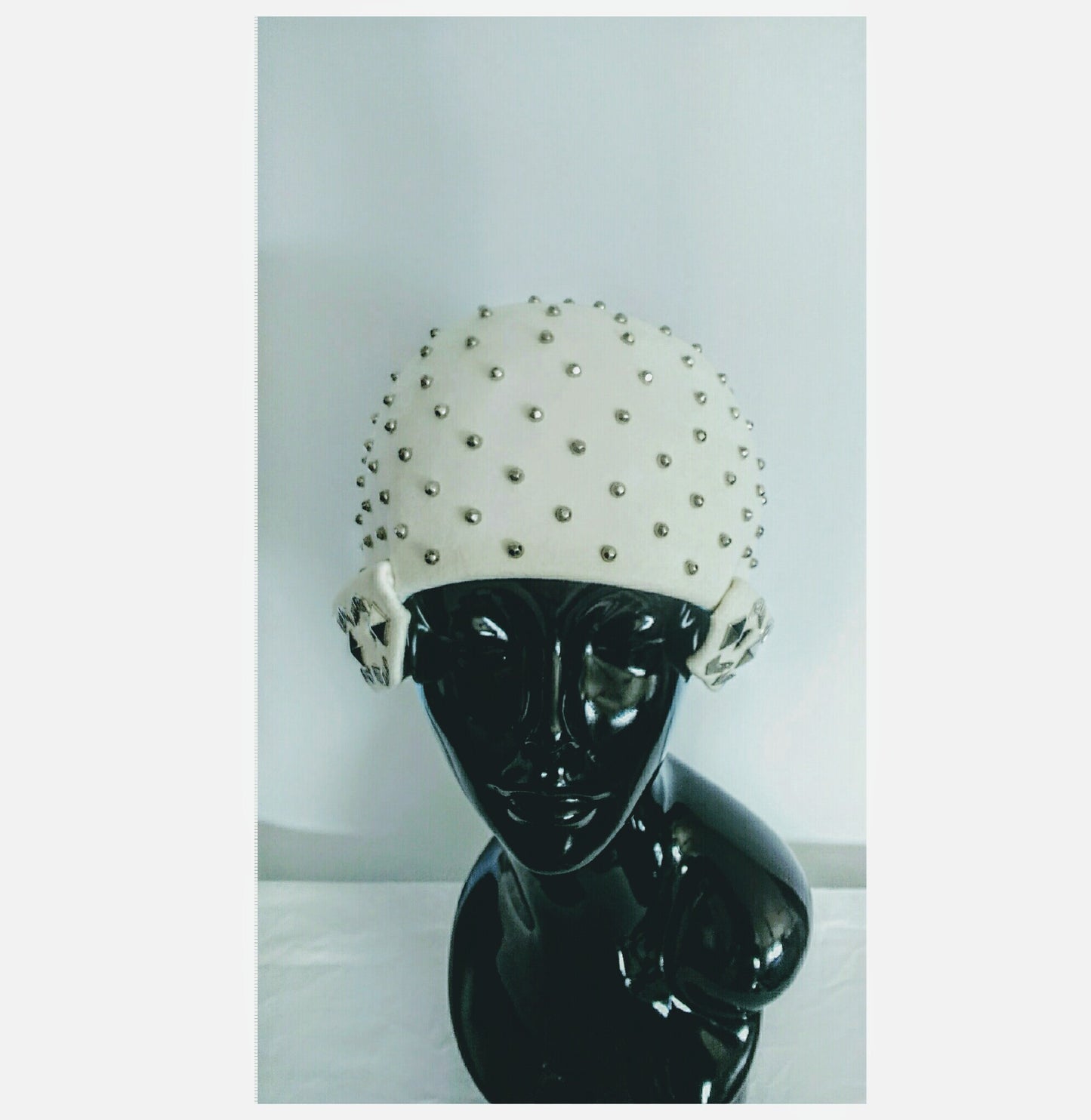 Rare 1950’s Yves Saint Laurent Studded White Felted Fur Cap with Geometric Details