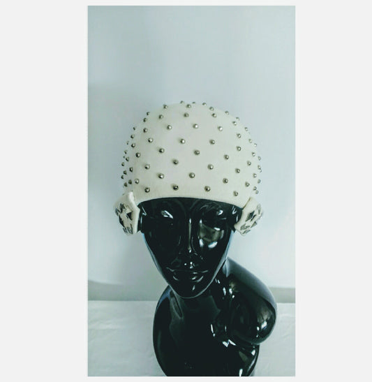 Rare 1950’s Yves Saint Laurent Studded White Felted Fur Cap with Geometric Details