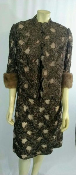 Vintage 1960's Ribbon Dress and Matching Jacket w/ Mink Fur Cuffs