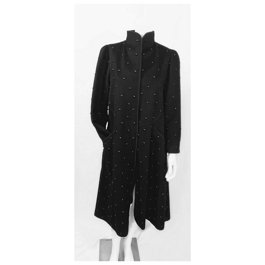 Vintage 1970s Rare Studded Black Wool Coat by Mrs. H. Winter; with Matching Suede Scarf