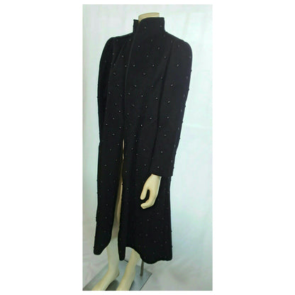 Vintage 1970s Rare Studded Black Wool Coat by Mrs. H. Winter; with Matching Suede Scarf