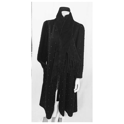 Vintage 1970s Rare Studded Black Wool Coat by Mrs. H. Winter; with Matching Suede Scarf