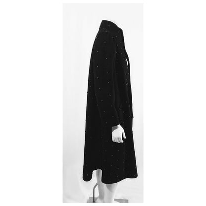 Vintage 1970s Rare Studded Black Wool Coat by Mrs. H. Winter; with Matching Suede Scarf