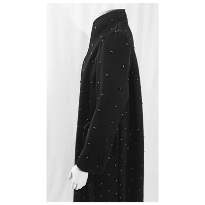 Vintage 1970s Rare Studded Black Wool Coat by Mrs. H. Winter; with Matching Suede Scarf