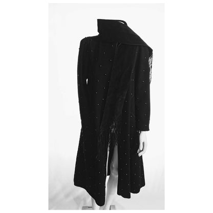 Vintage 1970s Rare Studded Black Wool Coat by Mrs. H. Winter; with Matching Suede Scarf