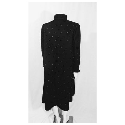 Vintage 1970s Rare Studded Black Wool Coat by Mrs. H. Winter; with Matching Suede Scarf