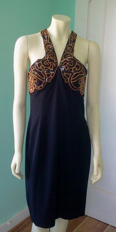 Vintage 1980's Lillie Rubin Couture Black Sequins & Copper Bead Dress