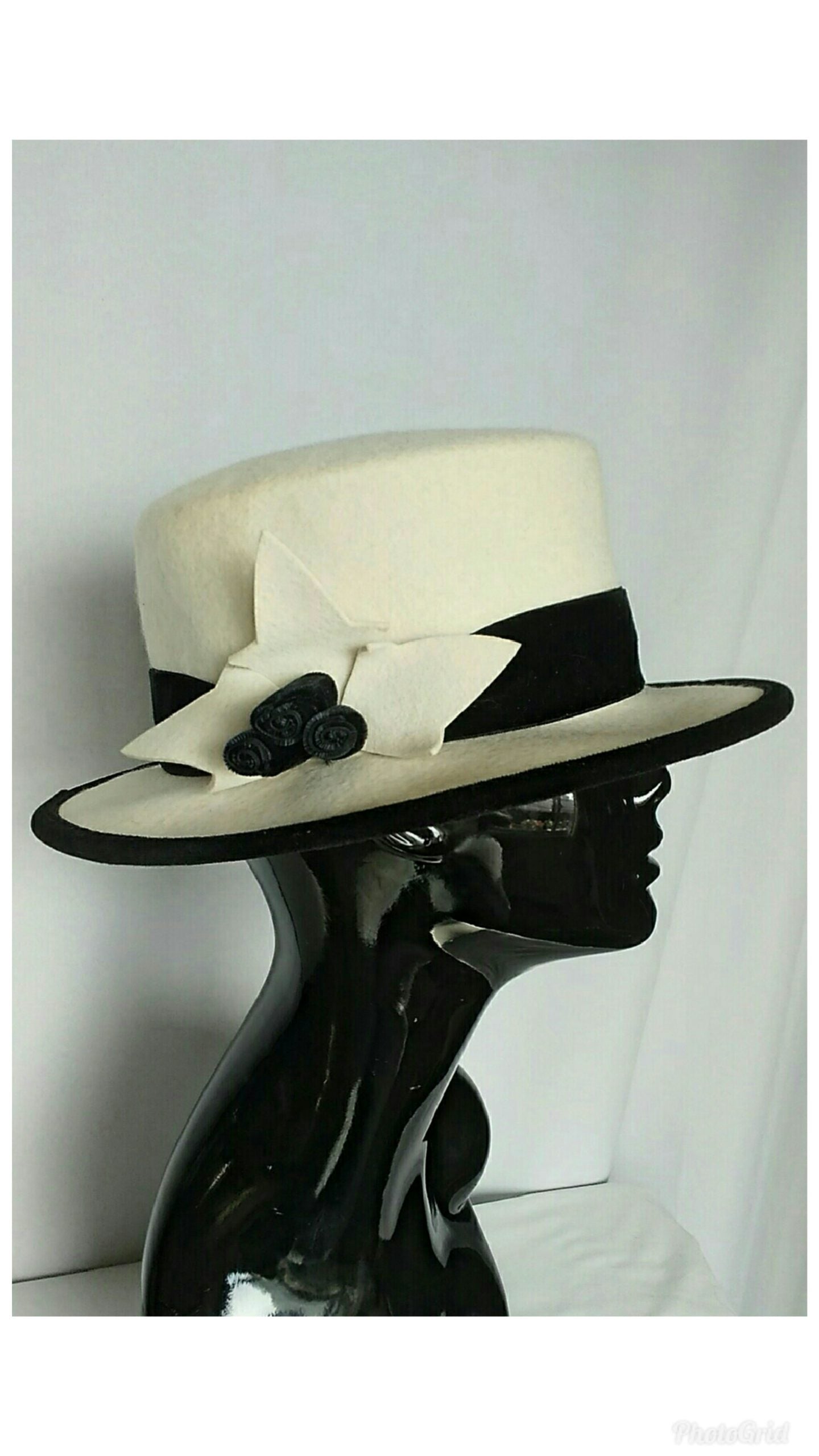 Vintage 1980's Italian made Hat; Winter White Wool and Black Velvet Hat for Nordstrom