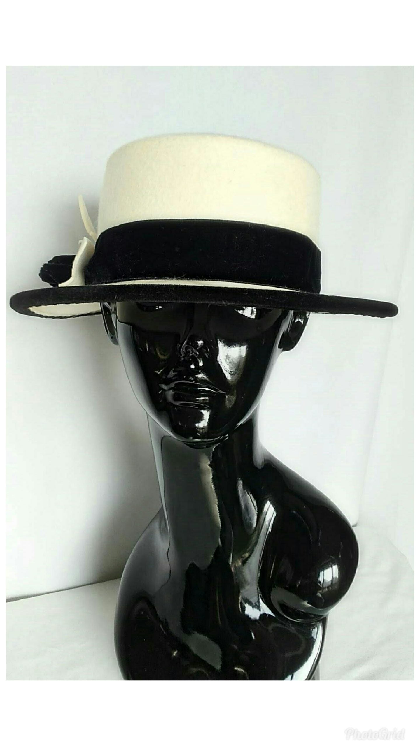 Vintage 1980's Italian made Hat; Winter White Wool and Black Velvet Hat for Nordstrom