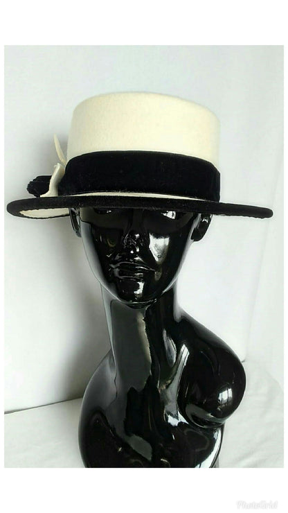 Vintage 1980's Italian made Hat; Winter White Wool and Black Velvet Hat for Nordstrom