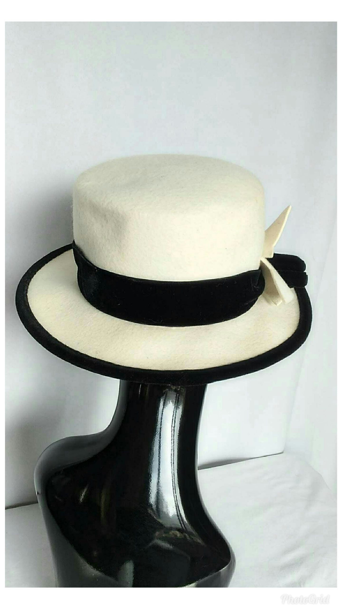 Vintage 1980's Italian made Hat; Winter White Wool and Black Velvet Hat for Nordstrom