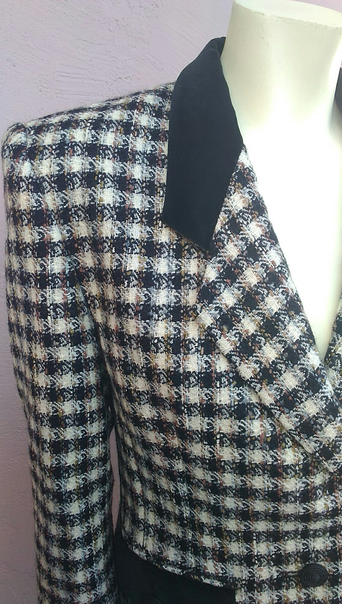 Vintage 1980's Tailored Tweed & Velvet Cropped Blazer/Jacket by Designer Alfred Sung