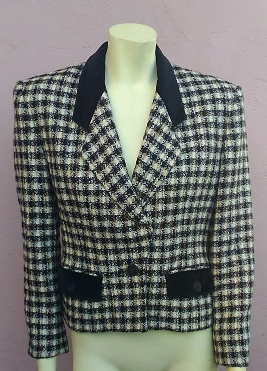 Vintage 1980's Tailored Tweed & Velvet Cropped Blazer/Jacket by Designer Alfred Sung