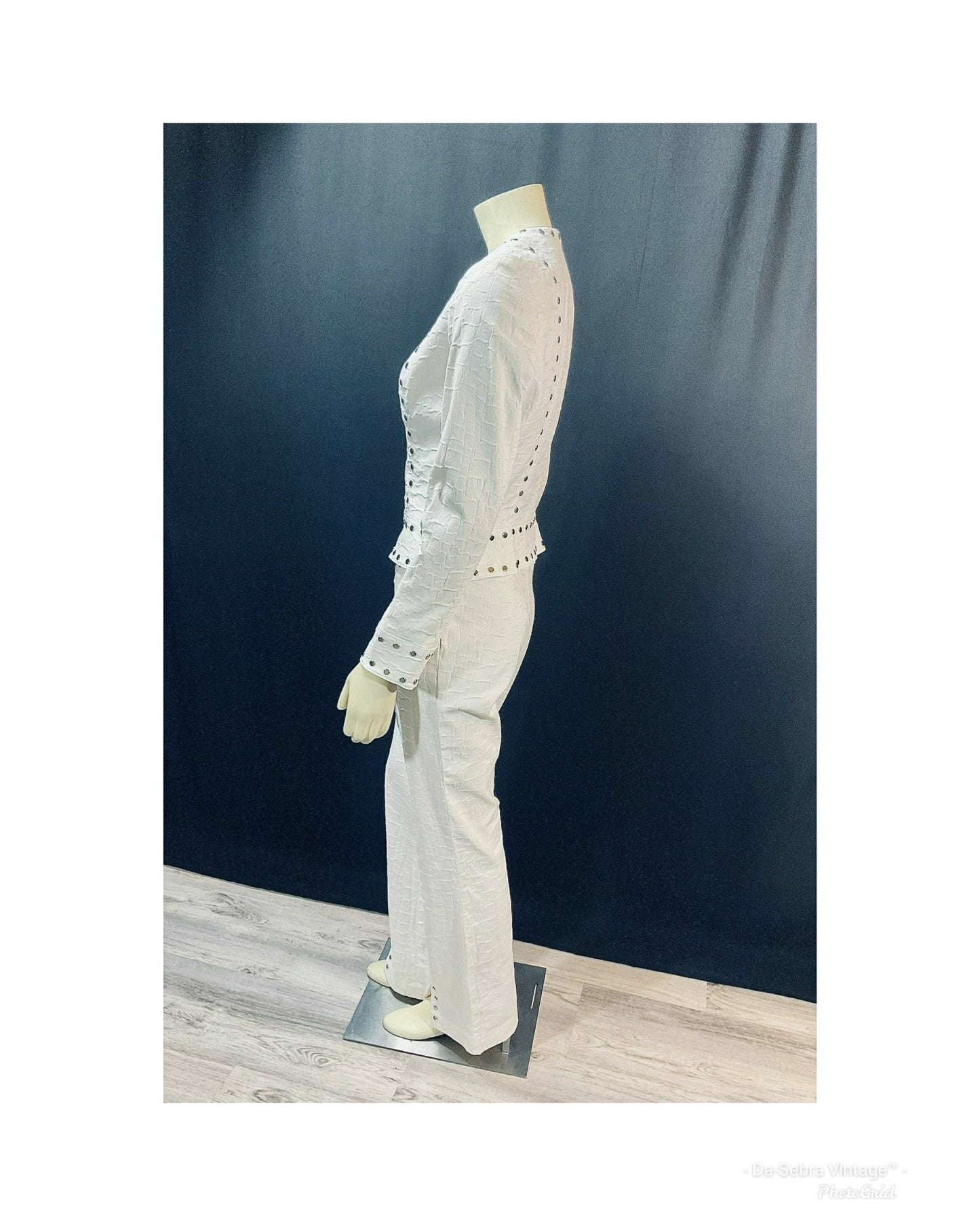 Vintage "Rare" 1990s Designer Alberto Makali; Stunning White Silver-Tone Stud Pant Suit