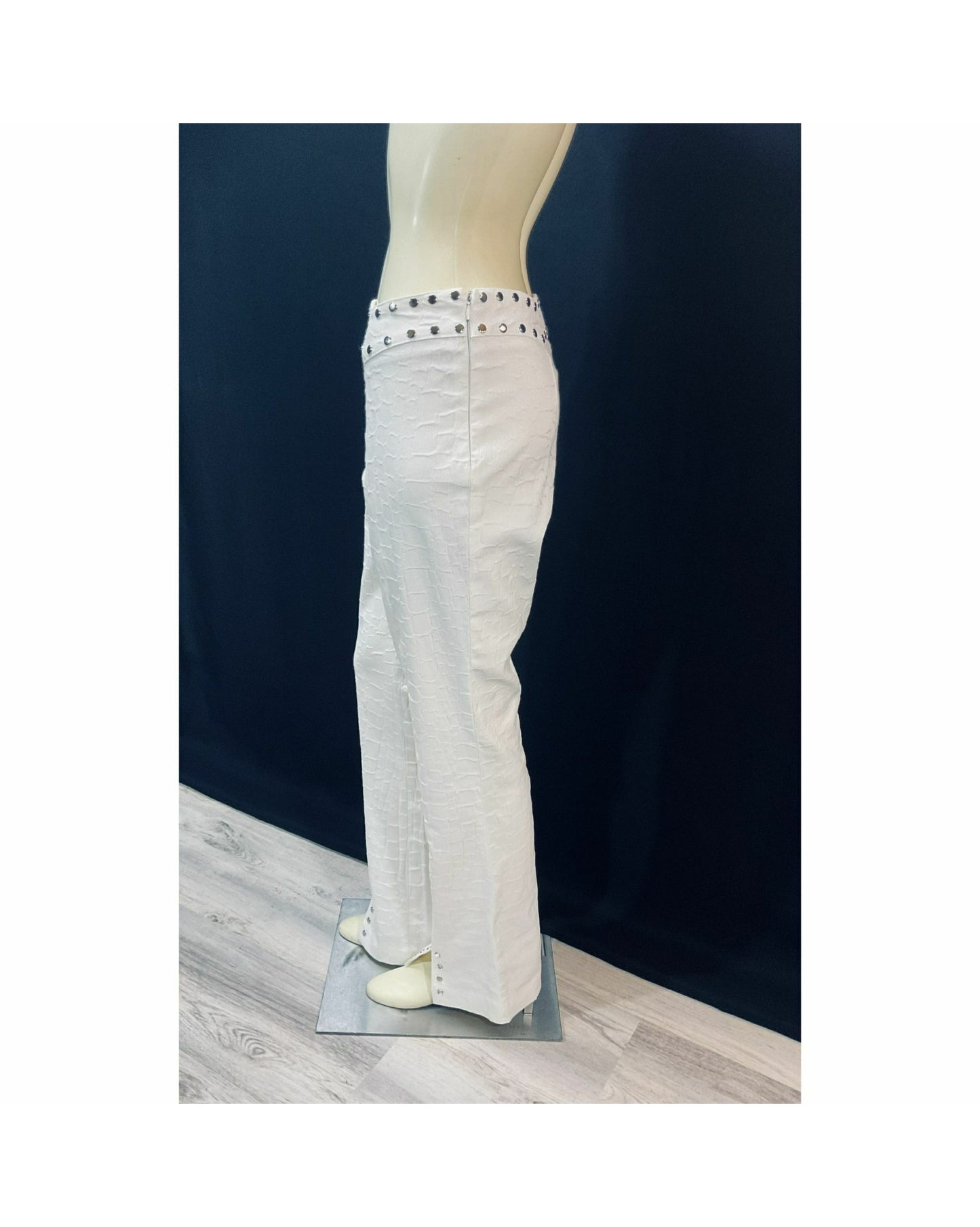 Vintage "Rare" 1990s Designer Alberto Makali; Stunning White Silver-Tone Stud Pant Suit