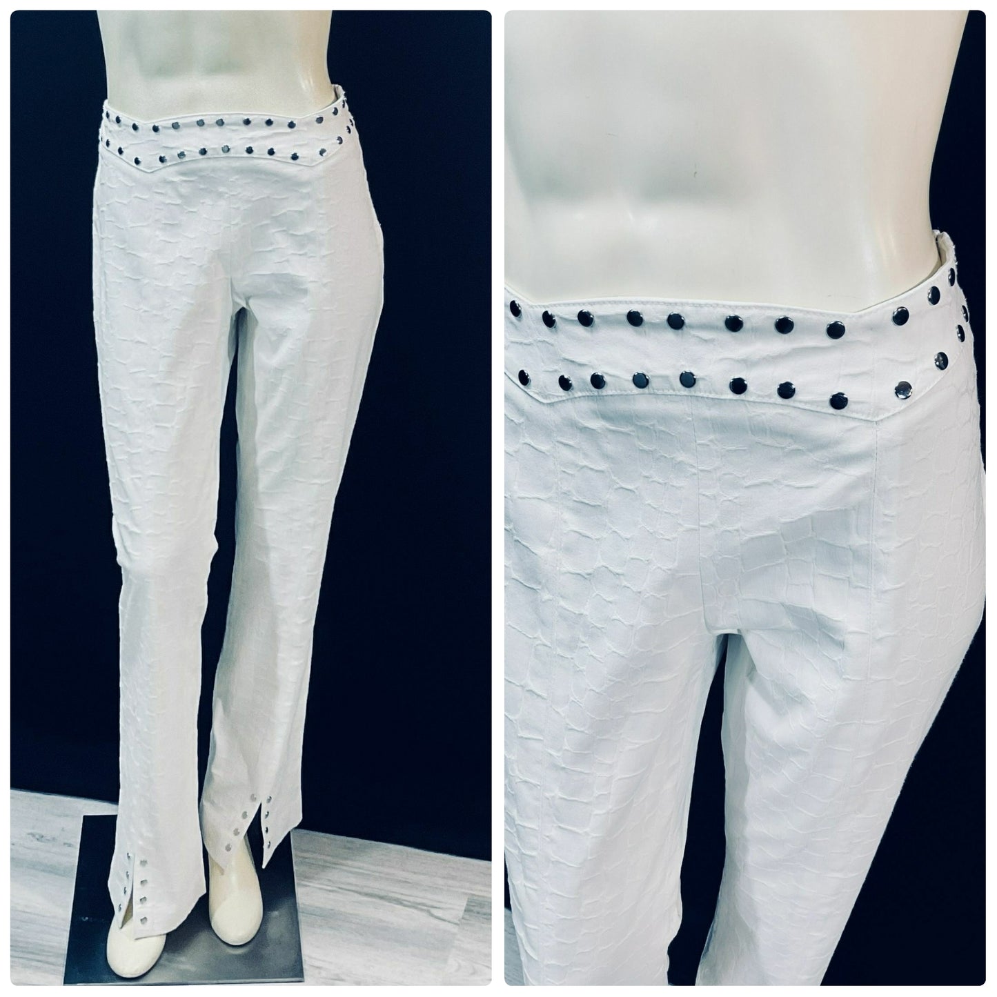 Vintage "Rare" 1990s Designer Alberto Makali; Stunning White Silver-Tone Stud Pant Suit