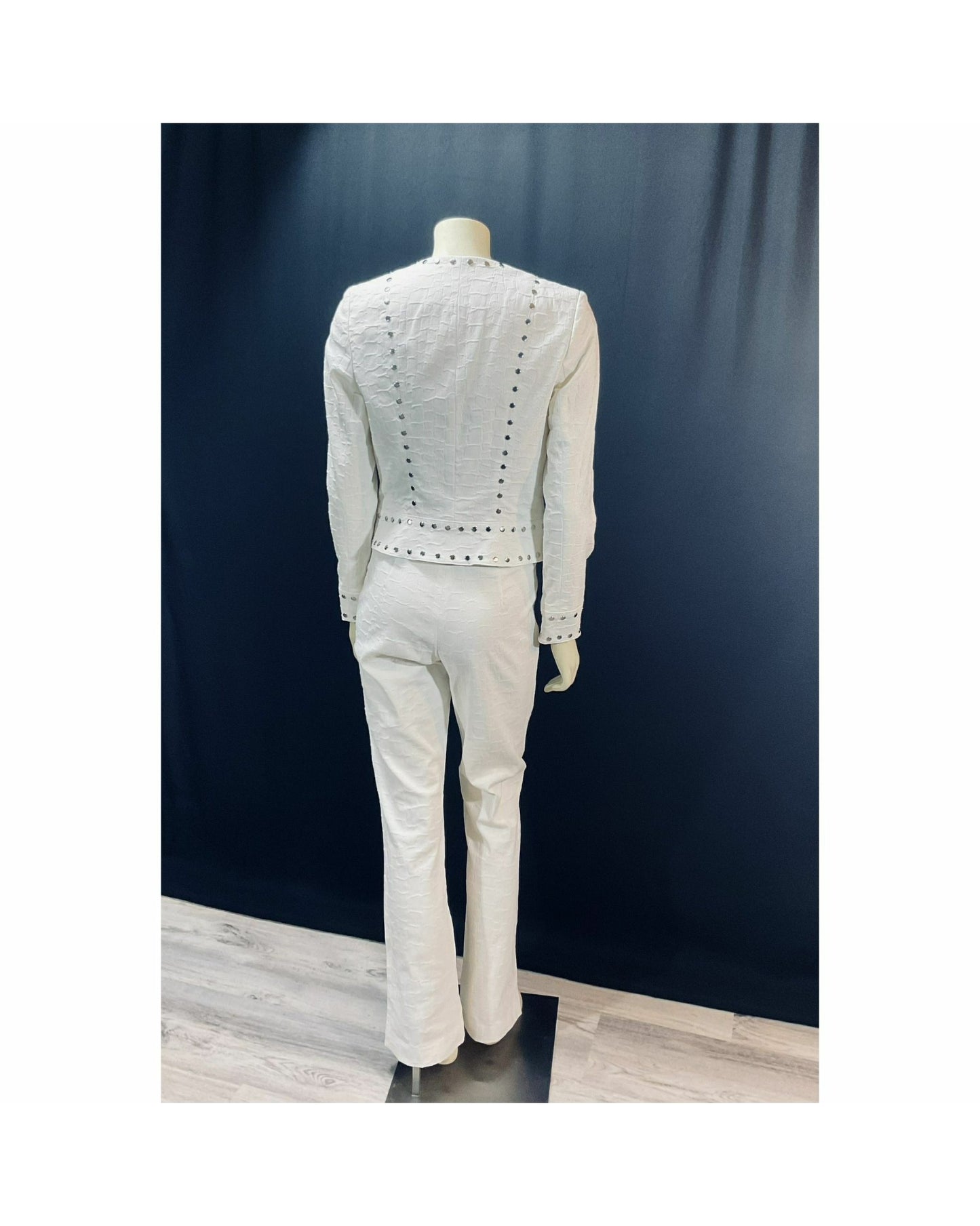 Vintage "Rare" 1990s Designer Alberto Makali; Stunning White Silver-Tone Stud Pant Suit