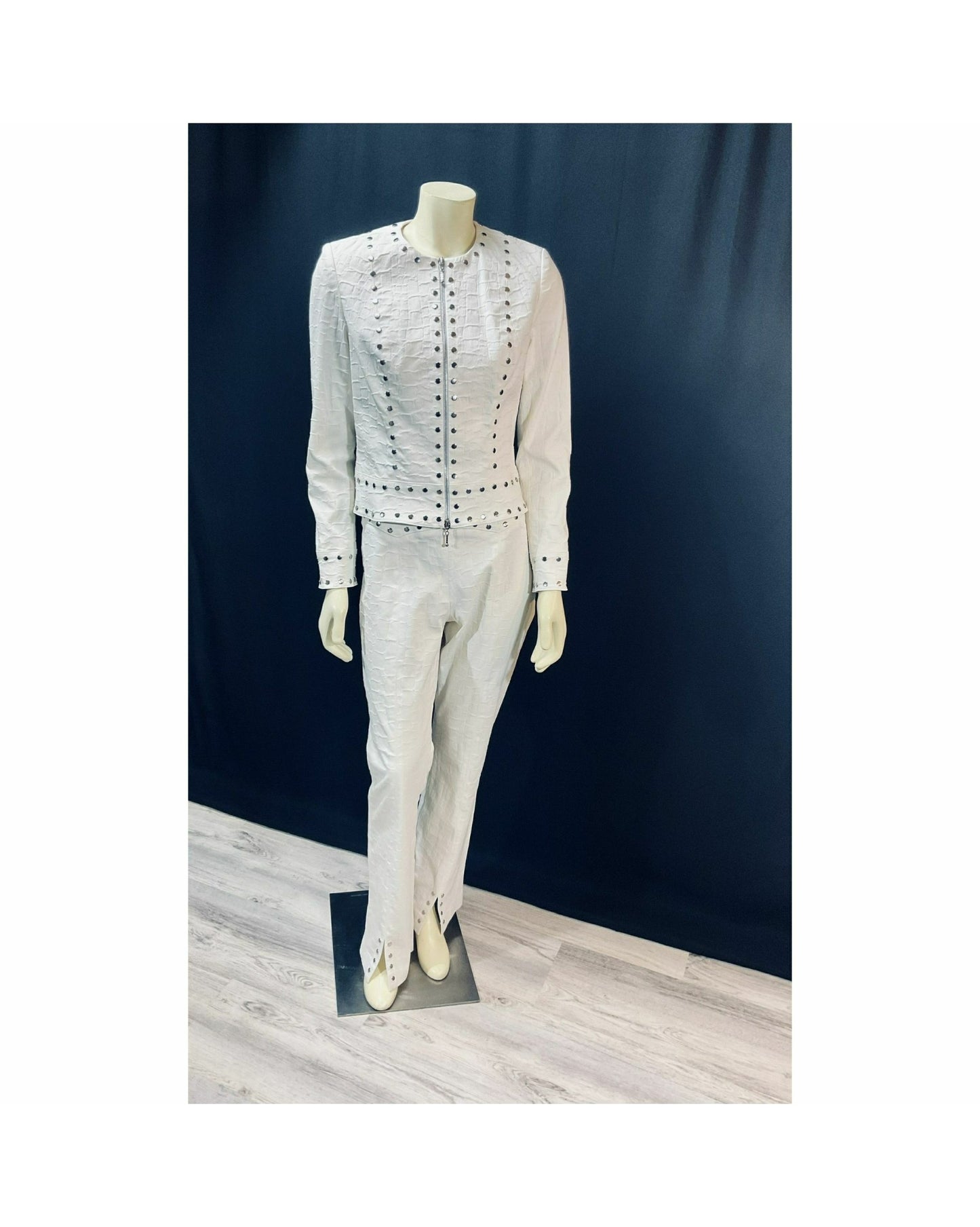Vintage "Rare" 1990s Designer Alberto Makali; Stunning White Silver-Tone Stud Pant Suit