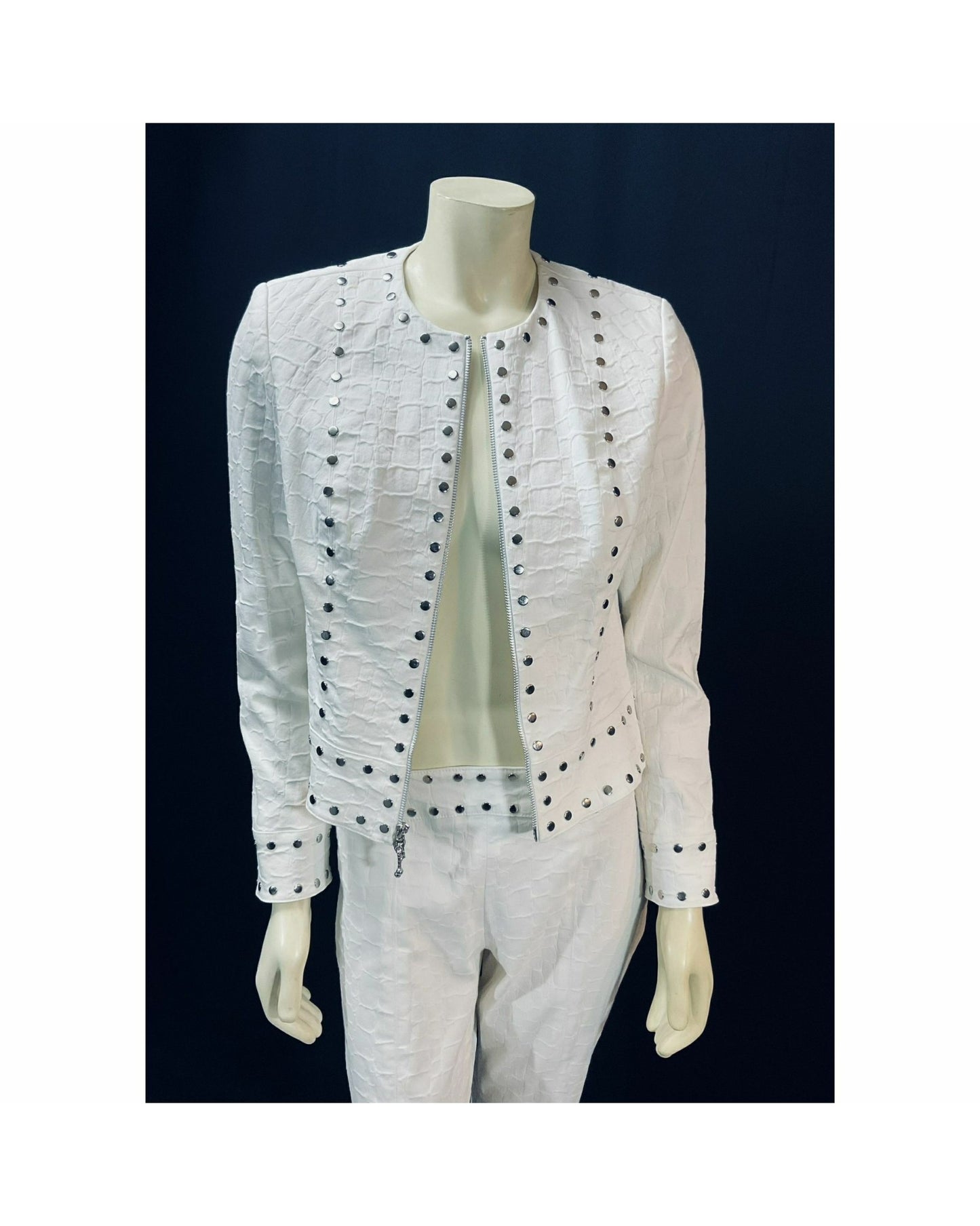 Vintage "Rare" 1990s Designer Alberto Makali; Stunning White Silver-Tone Stud Pant Suit