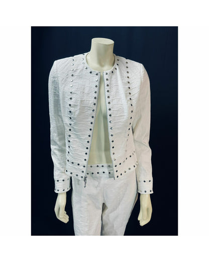 Vintage "Rare" 1990s Designer Alberto Makali; Stunning White Silver-Tone Stud Pant Suit