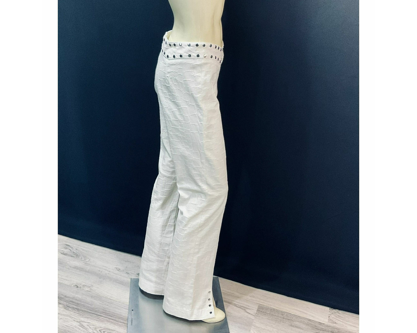 Vintage "Rare" 1990s Designer Alberto Makali; Stunning White Silver-Tone Stud Pant Suit