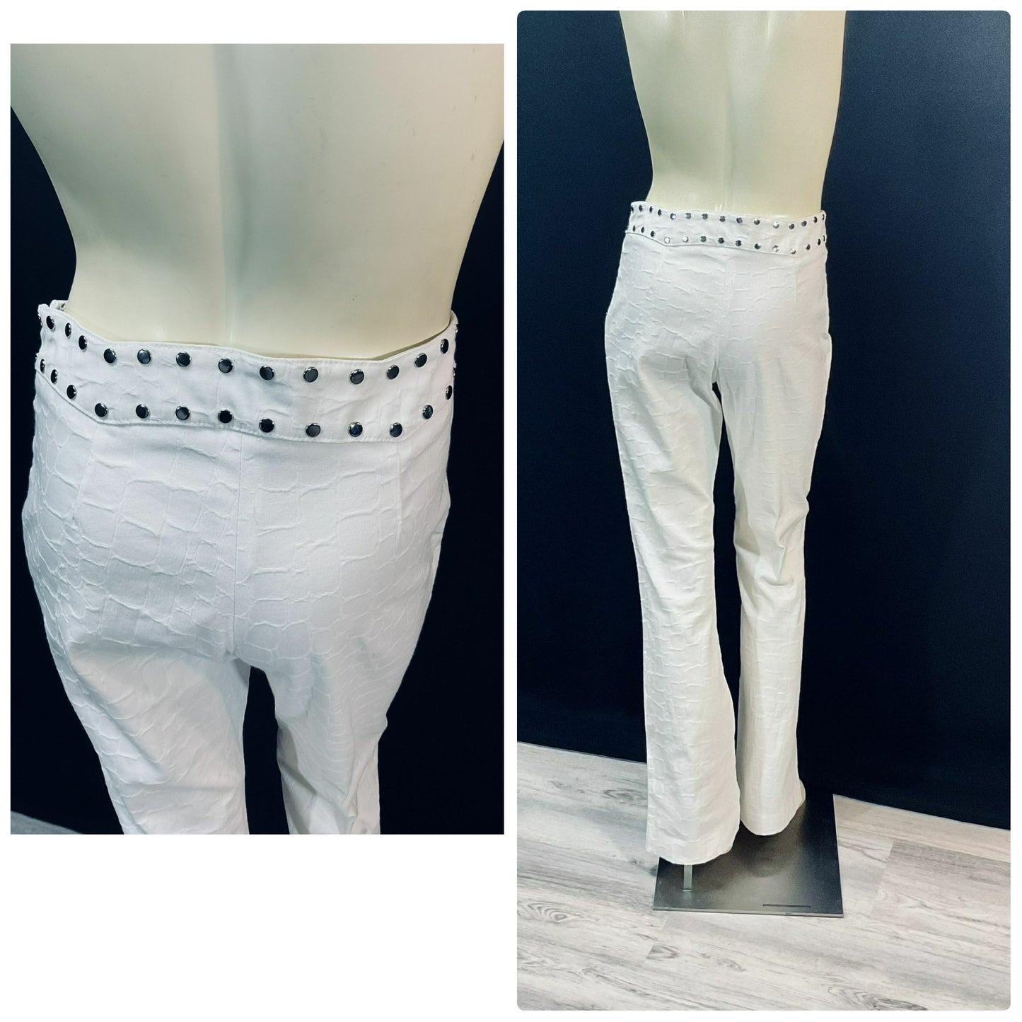 Vintage "Rare" 1990s Designer Alberto Makali; Stunning White Silver-Tone Stud Pant Suit