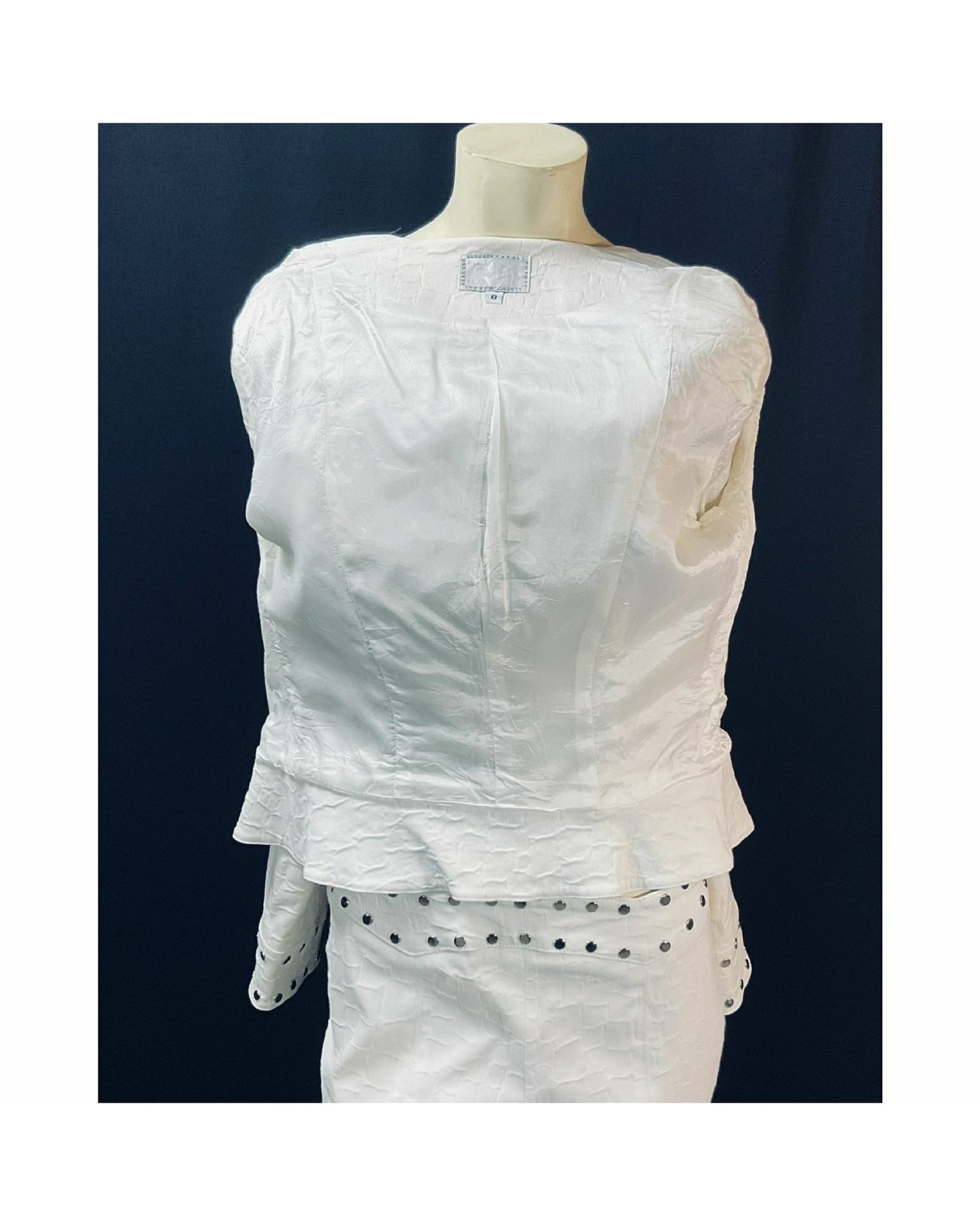 Vintage "Rare" 1990s Designer Alberto Makali; Stunning White Silver-Tone Stud Pant Suit