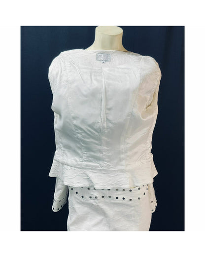 Vintage "Rare" 1990s Designer Alberto Makali; Stunning White Silver-Tone Stud Pant Suit